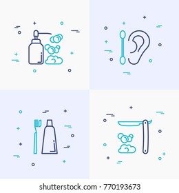 Hygiene thin line icons set: hand soap, cotton swab, toothbrush, toothpaste, cutthroat. Modern vector illustration.