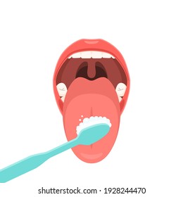 Hygiene of the tongue with a toothbrush. Clean healthy tongue, teeth. Vector illustration isolated on white background