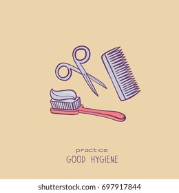 hygiene tools, isolated hand drawn vector icons set.p
