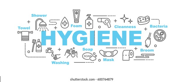 hygiene vector banner design concept, flat style with thin line art icons on white background