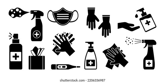 Hygiene-Vektorsymbol, Handgelflasche, Desinfektionsseife, Reinigung und Waschen, Antibiotikaspray und -maske, Schild. Schwarze Silhouetten einzeln auf weißem Hintergrund. Medizinische Illustration