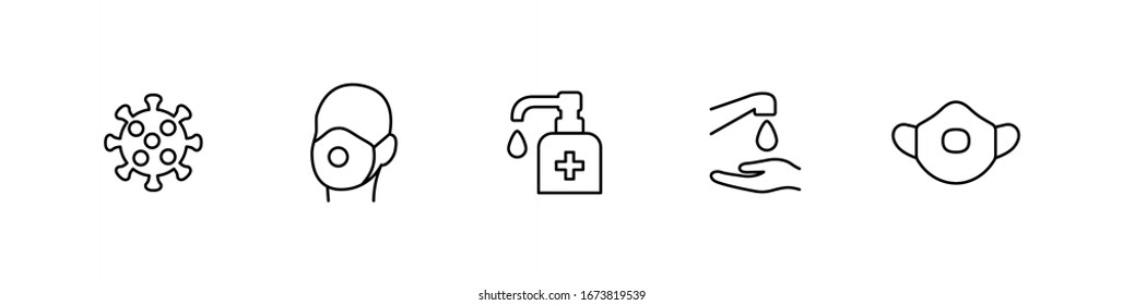 Hygiene vector icon set. Virus care black line outline icons collection. Washing hands, anti bacterial soap, use sanitary antiseptic. Wash hand with soap and water flat design illustration.