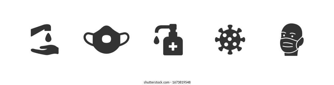 Hygiene vector icon set. Virus care black shape silhouette icons collection. Washing hands, anti bacterial soap, use sanitary antiseptic. Wash hand with soap and water flat design illustration.