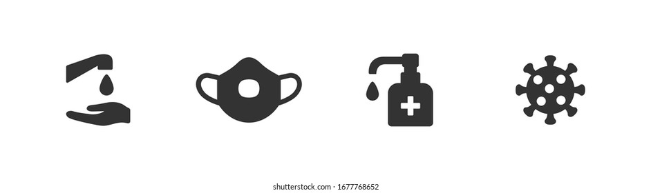 Hygiene vector icon set. Virus care black shape silhouette icons collection. Washing hands, anti bacterial soap, use sanitary antiseptic. Wash hand with soap and water flat design illustration.