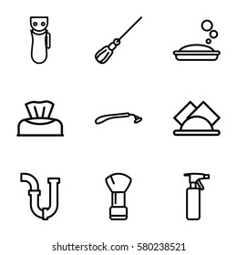hygiene vector icons. Set of 9 hygiene outline icons such as baby napkin, electric razor, razor, shaving brush, spray bottle, soap, mop, pipe
