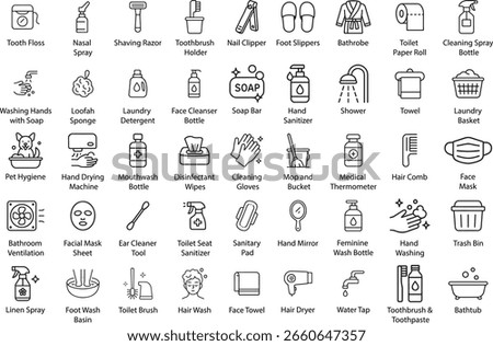 Hygiene Vector Icons Set, Outline Style. Isolated on white background.