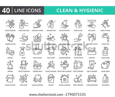 Hygiene vector line icon set. Related of hand wash, cleaning, hygienic. Thin line quality icons for web  element