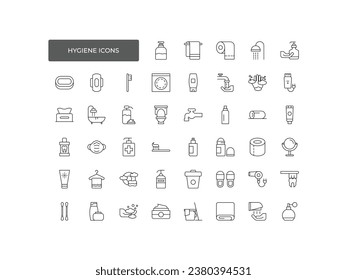 Hygiene-Vektor-Line-Symbole gesetzt. Enthält Symbole wie Waschhandschuhe, Dusche, antibakterielle Seife und mehr.