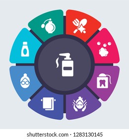 hygiene vector template for infographics. Business concept with 9 options, steps, parts, segments. Banner infographic cycling diagram, round chart, Gel, Fragance, food hygiene, Foam icons