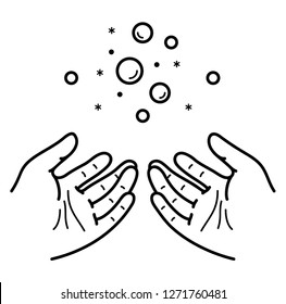 Hygiene. Washing and cleaning hands with soap. Vector flat outline icon illustration isolated on white background.