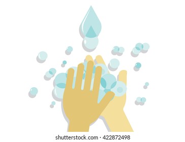 hygiene. Washing of hands, hands, soap bubbles and drops of blue water