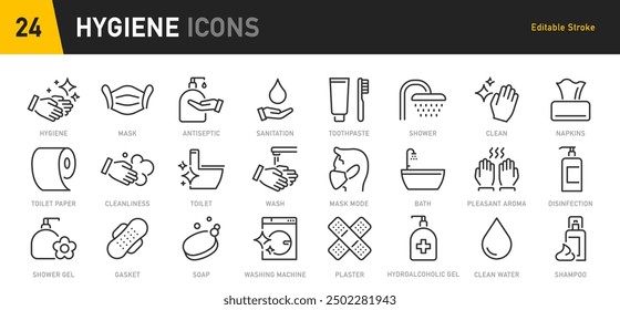 Conjunto de iconos de Web de higiene en estilo de línea. Limpieza, lavado de manos, ducha, seminario, jabón, mascarilla respiratoria, antiséptico, limpio, colección. Ilustración vectorial.	