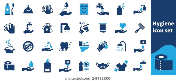 Hygiene web icon set style. Cleaning, washing hands, shower, seminar, soap, respiratory mask, antiseptic, clean, collection. Vector illustration