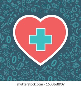 hygienic heart protecting from virus, germs and bacteria. Flat style vector illustration. Red, white, green and dark blue