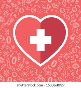 hygienic heart protecting from virus, germs and bacteria. Flat style vector illustration. Red and white