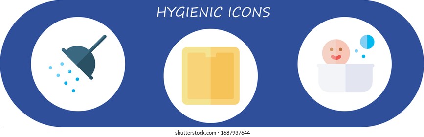 conjunto de iconos higiénicos. 3 íconos higiénicos planos.  Iconos modernos sencillos, como: ducha, almohadilla