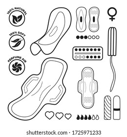 Hygienic Kit. Women's Sanitary Pads, Tampons. Women Menstrual Period Illustration.