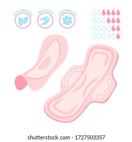 Hygienic kit. Women's sanitary pads. Feminine hygiene products - sanitary pad, menstrual icons. Women menstrual period illustration.