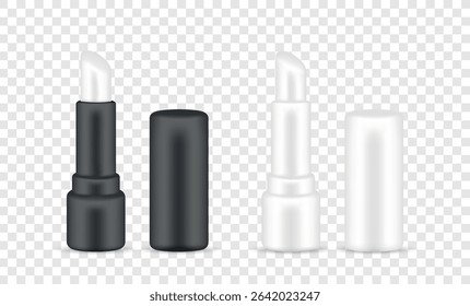 Hygienic lip balms in black and white tubes side by side, isolated on transparent background
