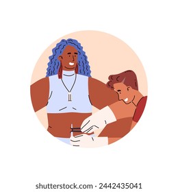 Hygienic piercing procedure in vector flat illustration. A detailed image of an artist guy in sterile gloves doing a navel piercing to a young girl using safe steel equipment.