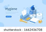 
Hygienic Products in Bathroom. Liquid Soap, Shower Brush, Toilet Paper, Cleaning Tissues and Towel.  Accessorizes for Bath, Shower and Health Care. Flat Isometric Vector Illustration.