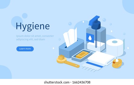 
Hygienic Products in Bathroom. Liquid Soap, Shower Brush, Toilet Paper, Cleaning Tissues and Towel.  Accessorizes for Bath, Shower and Health Care. Flat Isometric Vector Illustration.