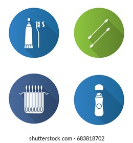 Hygienic products flat design long shadow glyph icons set. Earsticks package, toothpaste with brush, roll antiperspirant. Vector silhouette illustration