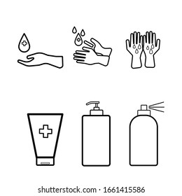 Hygienic And Sanitation Icon Set. Included The Icon As Hand, Washing, Clean, Tube Hand Wash, Bottle Hand Washing Liquid, Spray Hand Wash. Line Art.