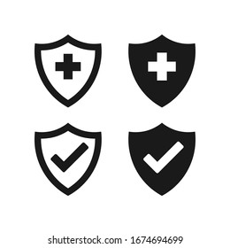 Hygienic shields that protect against viruses, germs and bacteria. Collection of web security shield icons with a white background.