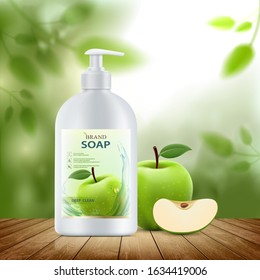 Hygienic soap dispenser with green fruit apple. Packaging with label design. Vector illustration