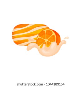Hygienic soap, orange half and milk splashes. Concept of natural cosmetics. Organic product for skin care. Flat vector element for poster or flyer
