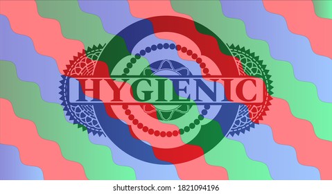 Hygienic text inside Colorful candy multicolored emblem.Curvy graceful background. Artistic illustration. 