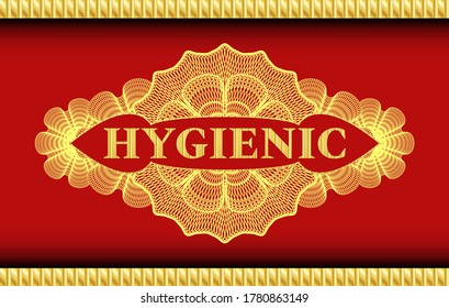Hygienic text inside Linear currency Gold and Red realistic badge. Traditional delicate background. Artistic illustration. 