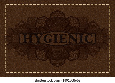 Hygienic text inside Linear currency brown leather realistic badge. Wallet fashionable background. Intense illustration. 