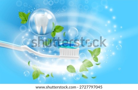 Hygienic whitening toothpaste with cleaning and refreshing mint effect. Vector realistic advertising of brush and paste with bubbles and sparkling. Teeth and gum antibacterial dental care