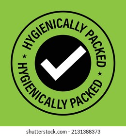 hygienically packed vector stamp with tick mark, black in color, isolated on green background
