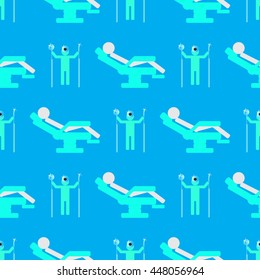 Hygienist with dental tools and patient in the dental chair seamless pattern.