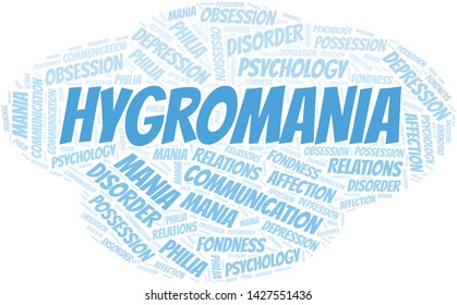 Hygromania word cloud. Type of mania, made with text only.