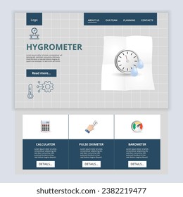 Plantilla del sitio web de la página de aterrizaje plana de hidrómetro. Calculadora, oxímetro de pulso, barómetro. Banner web con encabezado, contenido y pie de página. Ilustración vectorial.