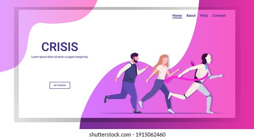 hymanoid winner running with businesspeople robot vs human business competition artificial intelligence domination concept horizontal copy space vector illustration