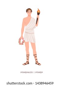 Hymenaios or Hymen - god or deity of marriage ceremonies and weddings from Hellenistic religion or mythology. Male mythological character holding wreath and torch. Flat cartoon vector illustration.