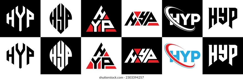 HYP letter logo design in six style. HYP polygon, circle, triangle, hexagon, flat and simple style with black and white color variation letter logo set in one artboard. HYP minimalist and classic logo