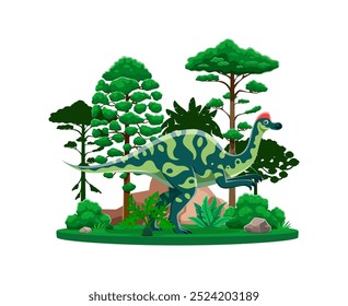 Hypacrosaurus prehistoric dinosaur standing in a lush, dense forest. Cartoon vector herbivore dino animal in its natural habitat surrounded by green trees and plants of the ancient Late cretaceous era