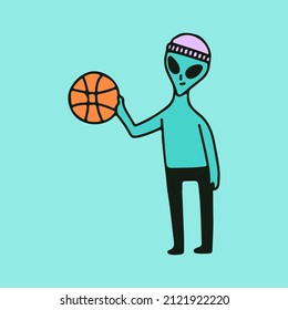 Hype alien character with basketball, illustration for t-shirt, sticker, or apparel merchandise. With retro cartoon style.
