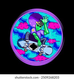 Hype alien freestyle with skateboard, illustration for t-shirt, sticker, or apparel merchandise. With doodle, soft pop, and cartoon style. streetwear design