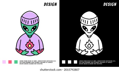 hype alien holding fireball doodle. illustration for t shirt, poster, logo, sticker, or apparel merchandise.