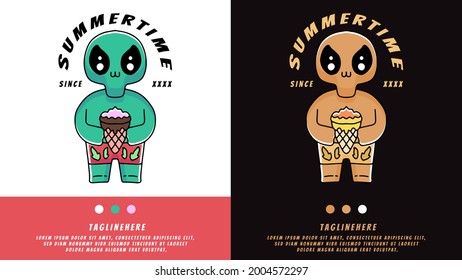 hype alien holding ice cream design cartoon. illustration for t shirt, poster, logo, sticker, or apparel merchandise.