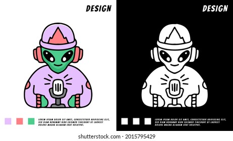 hype alien podcast cartoon. illustration for t shirt, poster, logo, sticker, or apparel merchandise.