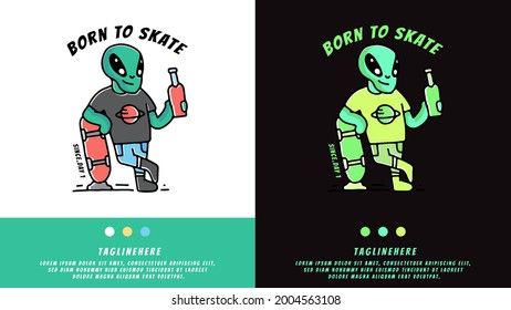 hype alien with skateboard and beer design cartoon. illustration for t shirt, poster, logo, sticker, or apparel merchandise.