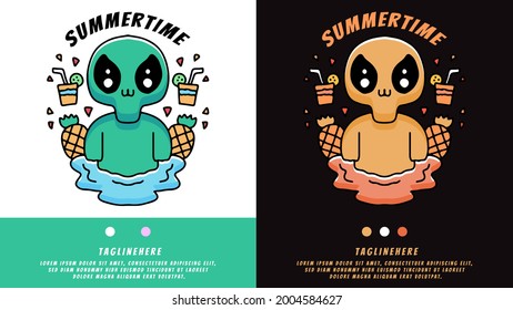 hype alien in swimming pool with pineapple and drinks. illustration for t shirt, poster, logo, sticker, or apparel merchandise.